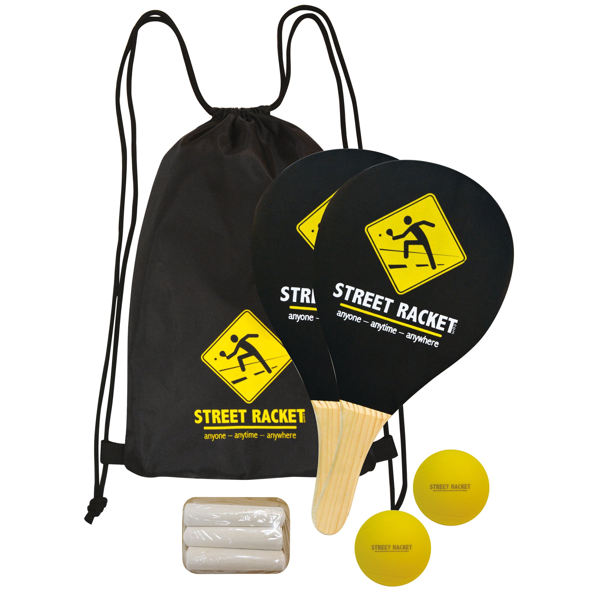 Street Racket BLACK Set mit 2 schwarzen Schlägern, 2 Softbällen, 3 Kreiden und Tasche, bereit zum Spielen.