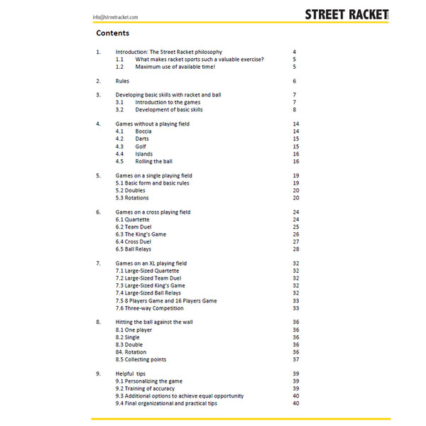 Contents of ebook 'Street Racket: Games, Exercises, Tips and Tricks' with 42 pages of creative ideas.