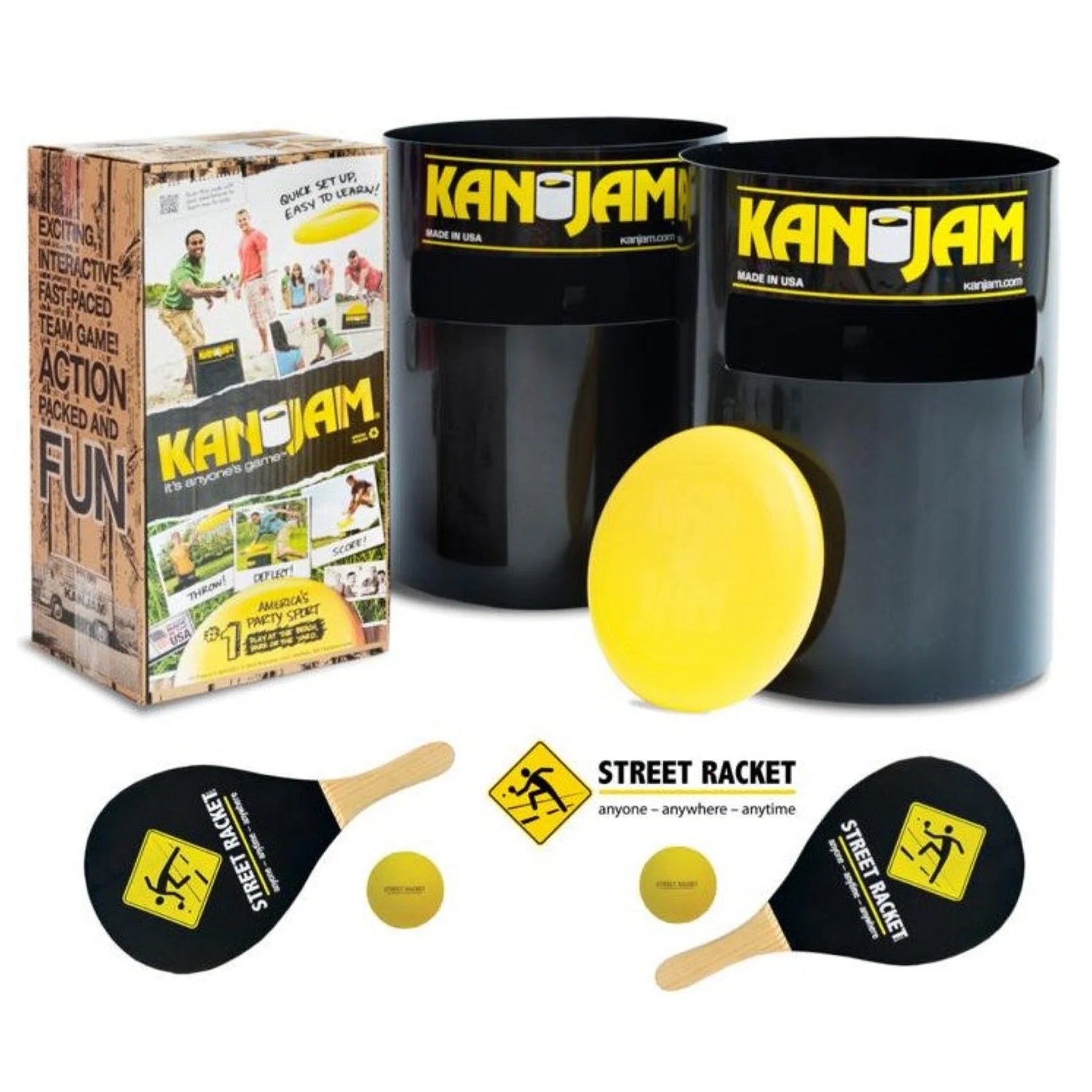 Street Racket X KanJam Bundle mit Racket, Ball und Frisbee, vielseitig für Spiel und Spass drinnen und draussen.