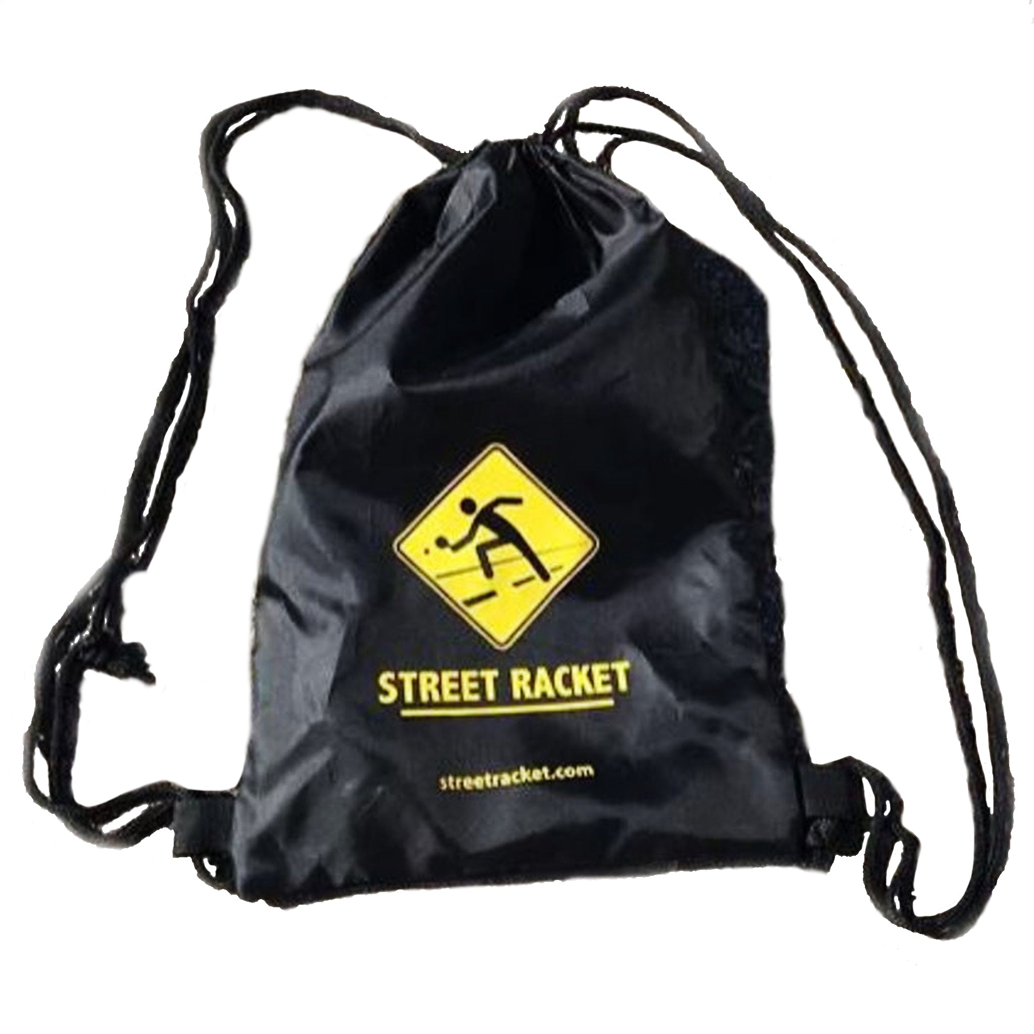 Schwarzer Street-Racket-Sportbeutel aus Nylon mit Logo, passend für ein 2-Spieler-Set mit Schlägern, Bällen und Kreide.